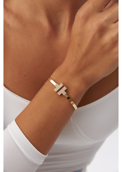 14 Ayar Altın Taşlı T Kelepçe