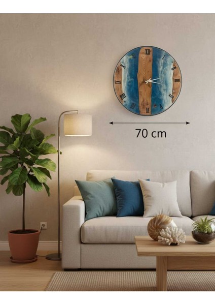 El Yapımı Ahşap Epoksi Duvar Saati - Mavi Renk - Çap 70 cm