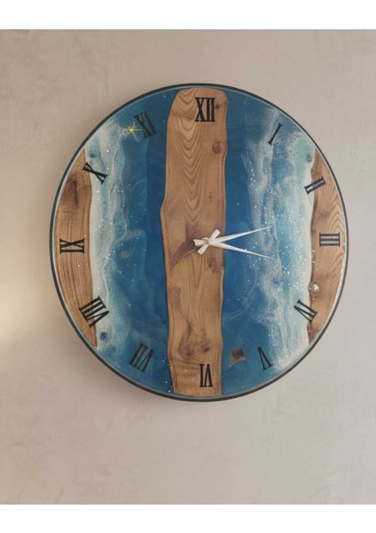 El Yapımı Ahşap Epoksi Duvar Saati - Mavi Renk - Çap 70 cm fiyatları