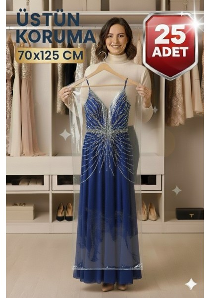 Askılı Elbise Poşeti 70×125 cm – Şeffaf Naylon – 25'li Paket | Elbise, Kıyafet, Mont, Takım Elbise, Abiye Koruma Kılıfı
