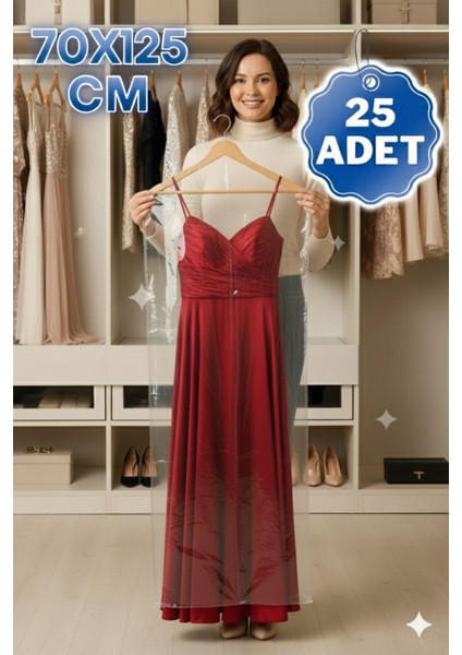 Askılı Elbise Poşeti 70×125 cm – Şeffaf Naylon – 25'li Paket | Elbise, Kıyafet, Mont, Takım Elbise, Abiye Koruma Kılıfı fiyatları