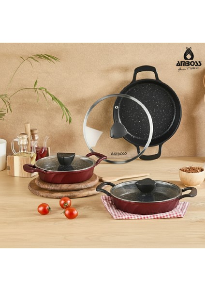 Vento 6 Parça Cam Kapaklı Döküm Sahan Omlet Seti (Kırmızı)