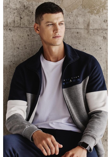 Gri Melanj - Lacivert Dik Yaka Renk Geçişli İçi Polarlı Erkek Eşofman Takımı - 85186