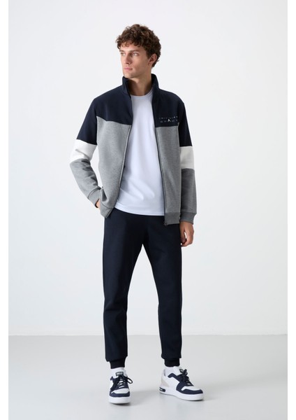 Gri Melanj - Lacivert Dik Yaka Renk Geçişli İçi Polarlı Erkek Eşofman Takımı - 85186