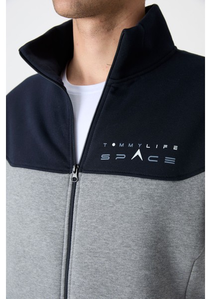 Gri Melanj - Lacivert Dik Yaka Renk Geçişli İçi Polarlı Erkek Eşofman Takımı - 85186