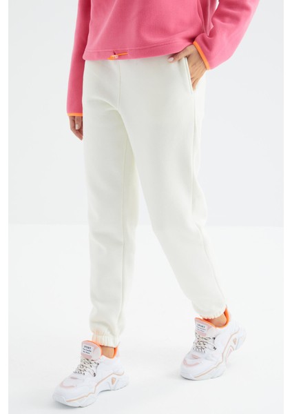 Ekru Yüksek Bel Şardonlu 3 İplik Pamuklu Basic Kadın Eşofman Alt - 94624