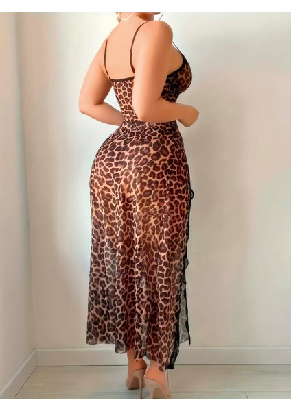 Kadın Leopar Desenli Transparan Uzun Gecelik – Dantelli, Yırtmaç Detaylı, Ince Askılı Şık Model fiyatları