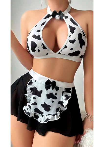 Kadın Siyah Beyaz Dalmaçya Desenli Fırfırlı Mini Gecelik Takımı – Dekolteli Halter Yaka Gecelik