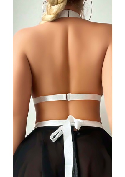 Kadın Siyah Beyaz Dalmaçya Desenli Fırfırlı Mini Gecelik Takımı – Dekolteli Halter Yaka Gecelik fiyatları