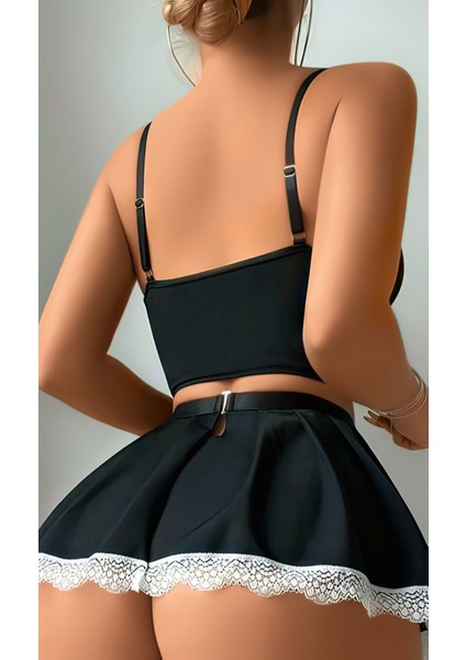 Kadın Siyah Beyaz Dantelli Kısa Gecelik – Korsaj Bağlama Detaylı, Fırfırlı Mini Model fırsatları