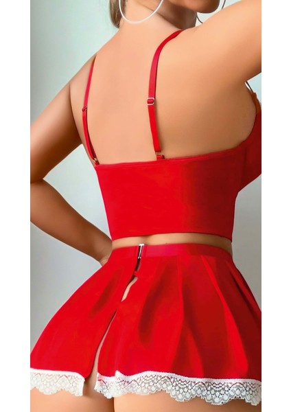 Kadın Kırmızı Dantelli Mini Gecelik Takımı – Fırfırlı Etekli, Askılı ve Şık Tasarım fiyatları