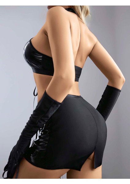 Kadın Siyah Deri Bağlamalı Detaylı Mini Gecelik fiyatları