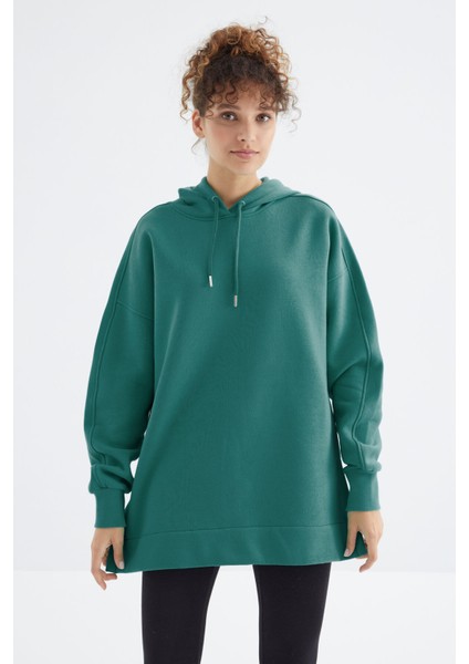 Deniz Yeşili Reglan Kol Basic Kapüşonlu Oversize Sweatshirt Tunik - 97242