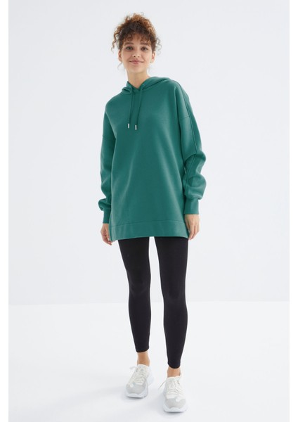 Deniz Yeşili Reglan Kol Basic Kapüşonlu Oversize Sweatshirt Tunik - 97242