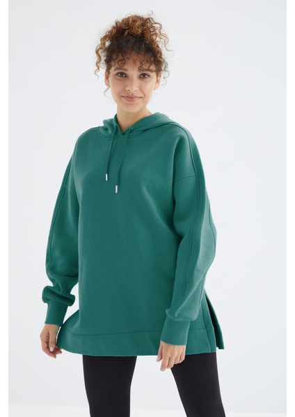 Deniz Yeşili Reglan Kol Basic Kapüşonlu Oversize Sweatshirt Tunik - 97242