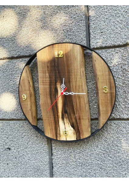 Ceviz Ağacından El Yapımı Ahşap Duvar Saati - Metal Çerçeveli - 40 cm