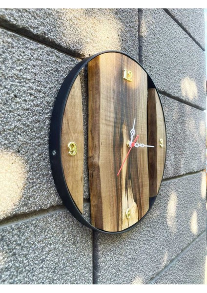 Ceviz Ağacından El Yapımı Ahşap Duvar Saati - Metal Çerçeveli - 40 cm modelleri