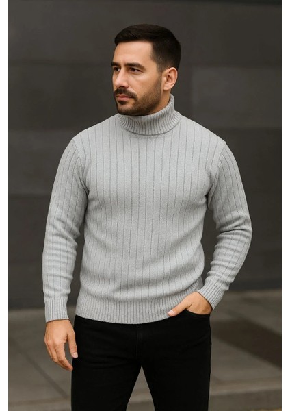 Erkek Fitilli Triko Kazak 3'lü Set Gri Haki Siyah Regular Balıkcı Yaka Tam Boğazlı Triko Seti Modeli Kazak fırsatları