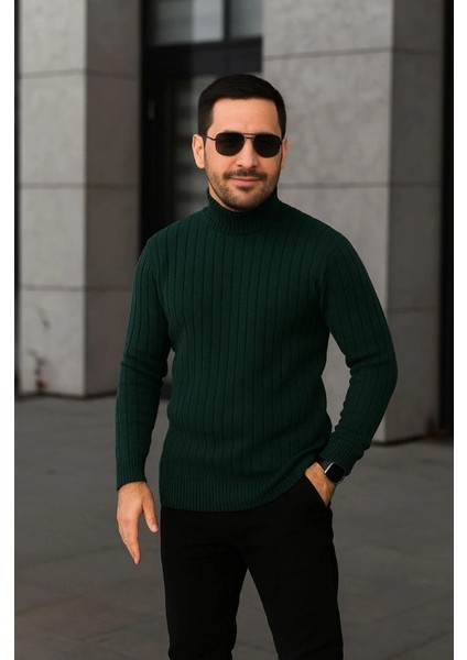 Erkek Fitilli Triko Kazak 3lü Set Gri Haki Siyah Regular Balıkcı Yaka Tam Boğazlı Triko Seti Modeli Kazak modelleri