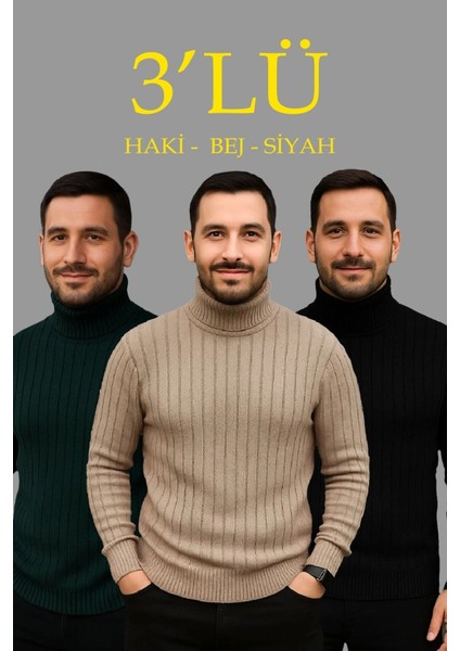 Erkek Fitilli Triko Kazak 3lü Set Bej Haki Siyah Regular Balıkcı Yaka Tam Boğazlı Triko Seti Modeli Kazak