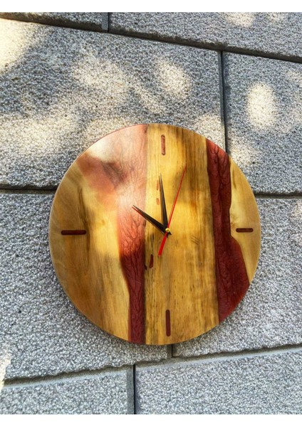 Ceviz Ağacından El Yapımı Ahşap Epoksi Duvar Saati - Sarı Kırmızı Renk - 40 cm