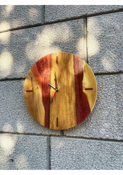 Ceviz Ağacından El Yapımı Ahşap Epoksi Duvar Saati - Sarı Kırmızı Renk - 40 cm fiyatları