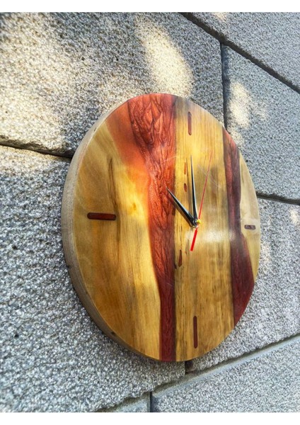 Ceviz Ağacından El Yapımı Ahşap Epoksi Duvar Saati - Sarı Kırmızı Renk - 40 cm modelleri