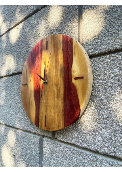 Ceviz Ağacından El Yapımı Ahşap Epoksi Duvar Saati - Sarı Kırmızı Renk - 40 cm fırsatları
