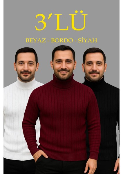 Erkek Fitilli Triko Kazak 3'lü Set Beyaz Bordo Siyah Regular Balıkcı Yaka Tam Boğazlı Triko Seti Modeli Kazak