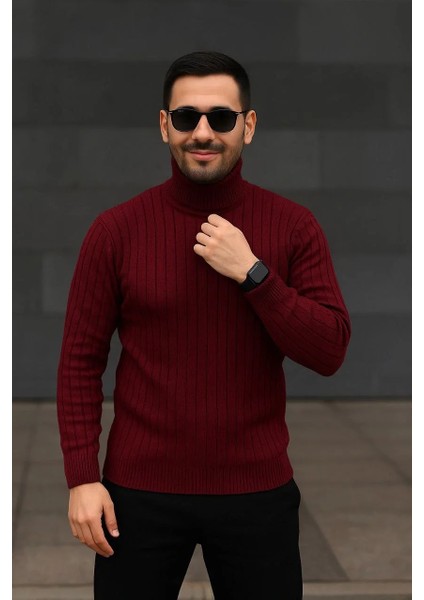 Erkek Fitilli Triko Kazak 3'lü Set Beyaz Bordo Siyah Regular Balıkcı Yaka Tam Boğazlı Triko Seti Modeli Kazak modelleri