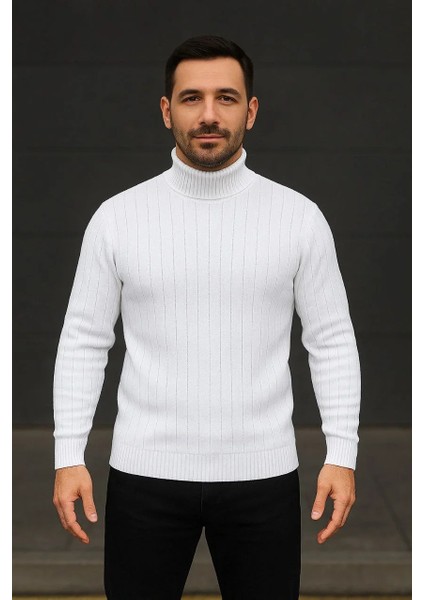 Erkek Fitilli Triko Kazak 3'lü Set Beyaz Bordo Siyah Regular Balıkcı Yaka Tam Boğazlı Triko Seti Modeli Kazak fırsatları