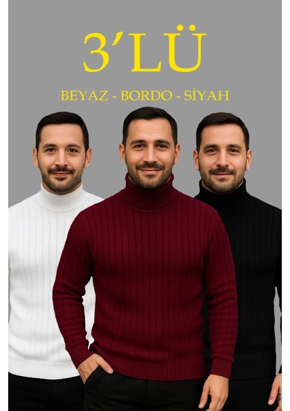 Erkek Fitilli Triko Kazak 3lü Set Beyaz Bordo Siyah Regular Balıkcı Yaka Tam Boğazlı Triko Seti Modeli Kazak
