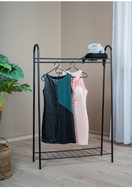 Elite 2 Siyah Metal Raflı Elbise Askısı Ayaklı Askılık Konfeksiyon Askılık Siyah