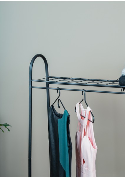 Elite 2 Siyah Metal Raflı Elbise Askısı Ayaklı Askılık Konfeksiyon Askılık Siyah