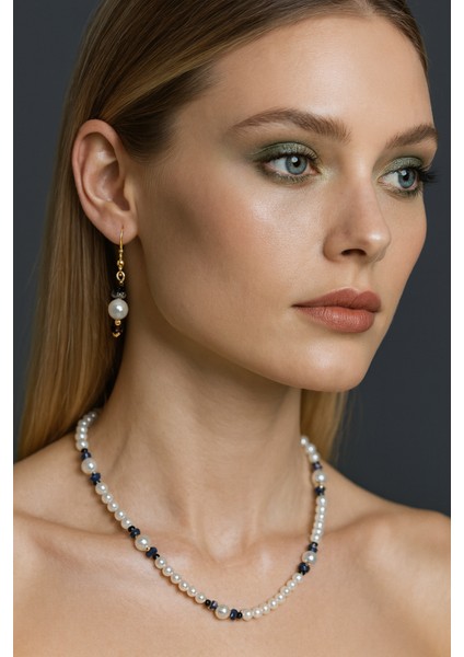 Mavi Doğal Taş Detaylı Inci Kolye Seti