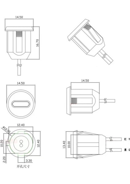 Type C Panel Montaj Dişi Soket 2 Pin 15CM Kablolu Uzatma USB 3.1 Konnektör Araba Kamera Oyuncak