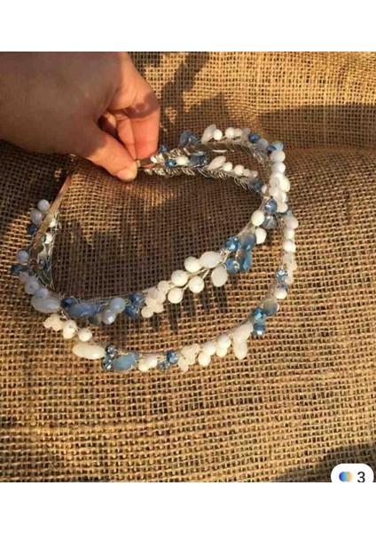 Indigo Mavi Beyaz 2 Li Gelin Kına Söz Nişan Lohusa Tacı Aksesuar