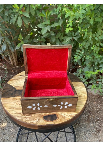 Ceviz Ağacından Kakmalı Şık Tasarımlı Büyük Boy Takı Sandığı - Ahşap Görünüm - 19*12 cm modelleri