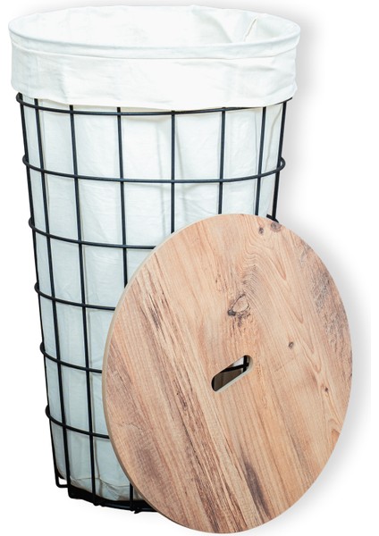 Tel Kirli Sepet Dekoratif Kumaşlı Metal Gövde Ahşap Tablalı Çok Amaçlı Düzenleyici