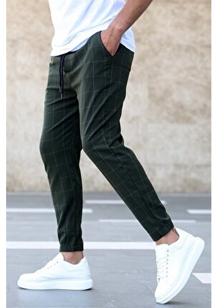 Ekoseli Haki Jogger Pantolon Erkek Dar Kesim Gabardin Kumaş 2021 Sezonsuz