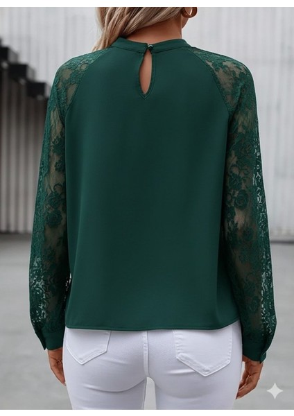 Kadın Uzun Dantel Kollu Yuvarlak Yakalı Sandy Bluz modelleri