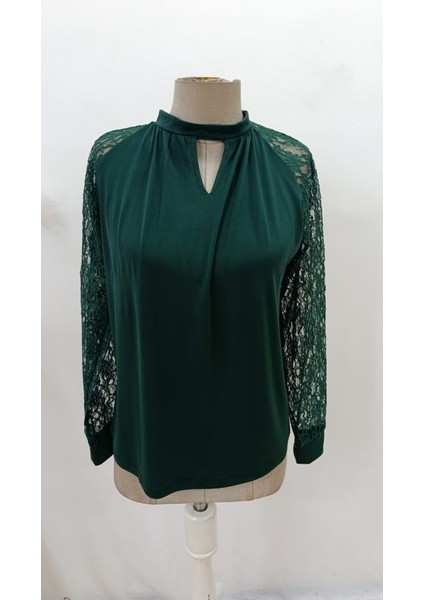 Kadın Uzun Dantel Kollu Yuvarlak Yakalı Sandy Bluz fırsatları