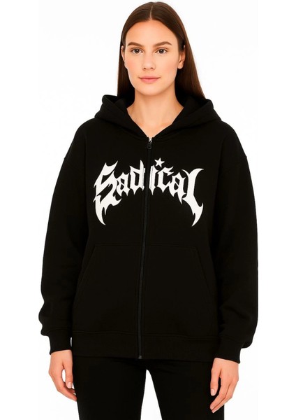 Oversize Kapüşonlu Sweatshirt Hoodie 3 Iplik Şardonlu Pamuklu Kumaş, Önü Baskılı, Fermuarlı Rahat Kalıp, Kışlık ve Sokak Stili Sweat - Siyah