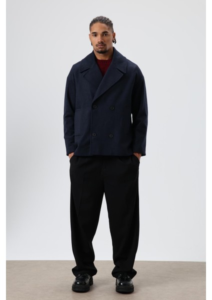 Oversize Kruvaze Kısa Kaşe Ceket Lacivert