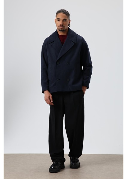 Oversize Kruvaze Kısa Kaşe Ceket Lacivert modelleri