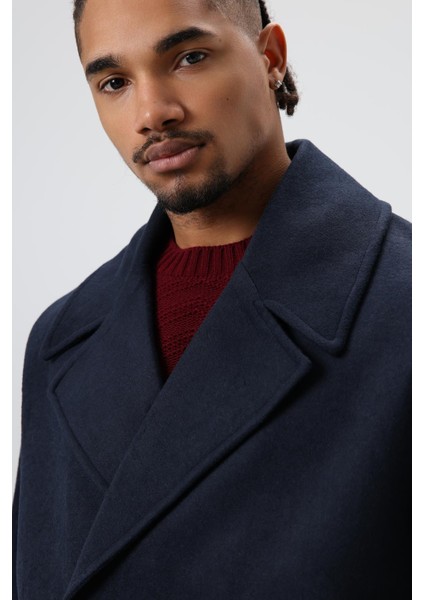 Oversize Kruvaze Kısa Kaşe Ceket Lacivert