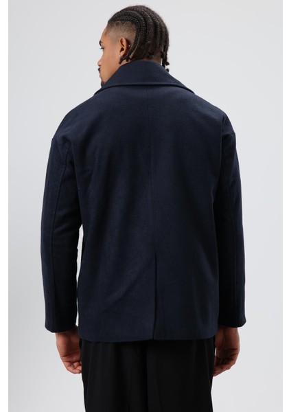 Oversize Kruvaze Kısa Kaşe Ceket Lacivert