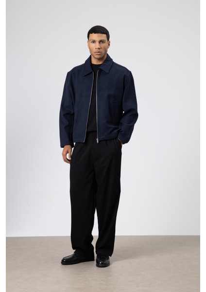 Oversize Fermuarlı Kaşe Ceket Lacivert