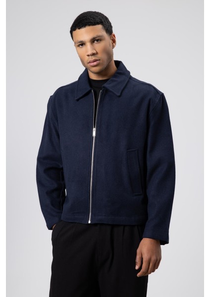 Oversize Fermuarlı Kaşe Ceket Lacivert fiyatları