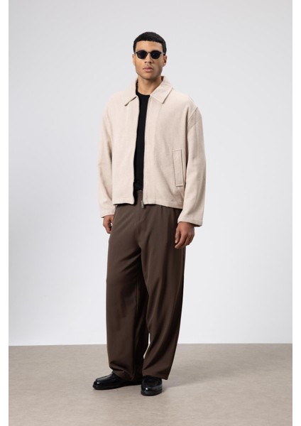 Oversize Fermuarlı Kaşe Ceket Bej